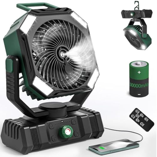 Camping Fan Rechargeable - 30000mAh Battery Powered Misting Fan for Outdoor Beach Tent - Portable Battery Operated Tent Air Conditioner for Camping - Glamping Essentials