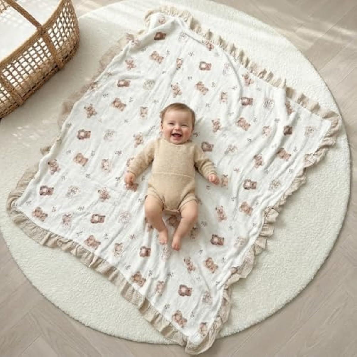 Muslin Ruffled Baby Blanket, Extra Large 52 x 52 Inches, Soft Breathable Cotton Crib Blanket for Newborn Infant Toddler (Hoppy Dreams-Ruffled, Printed)
