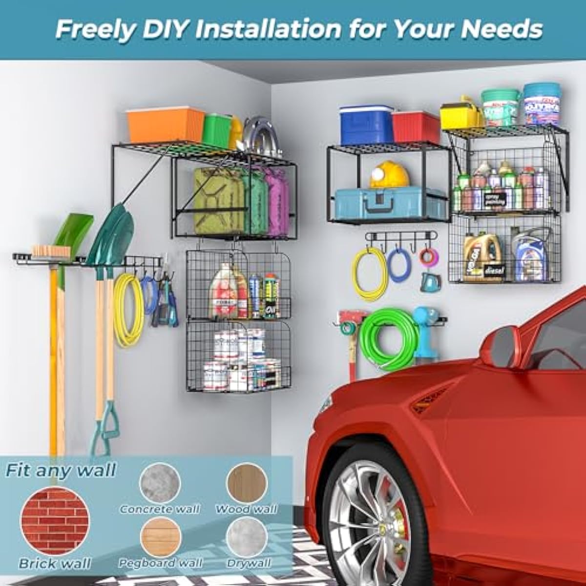 Garage Shelf Wall Mounted with Wire baskets, Heavy Duty Garage Wall Shelving with Garden Tool Rack and Hooks, Wire Shelf Baskets Tool Organizer for Home Garden Yard Organization and Storage