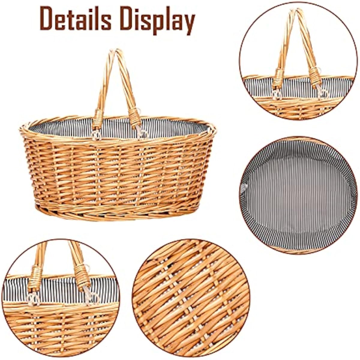 Wicker Picnic Basket with Double Folding Handles, Natural Large Willow Hamper Empty Basket Cheap Easter Eggs Candy Storage Wine Basket for Toy, Flower, Wedding（Grey 16inch）