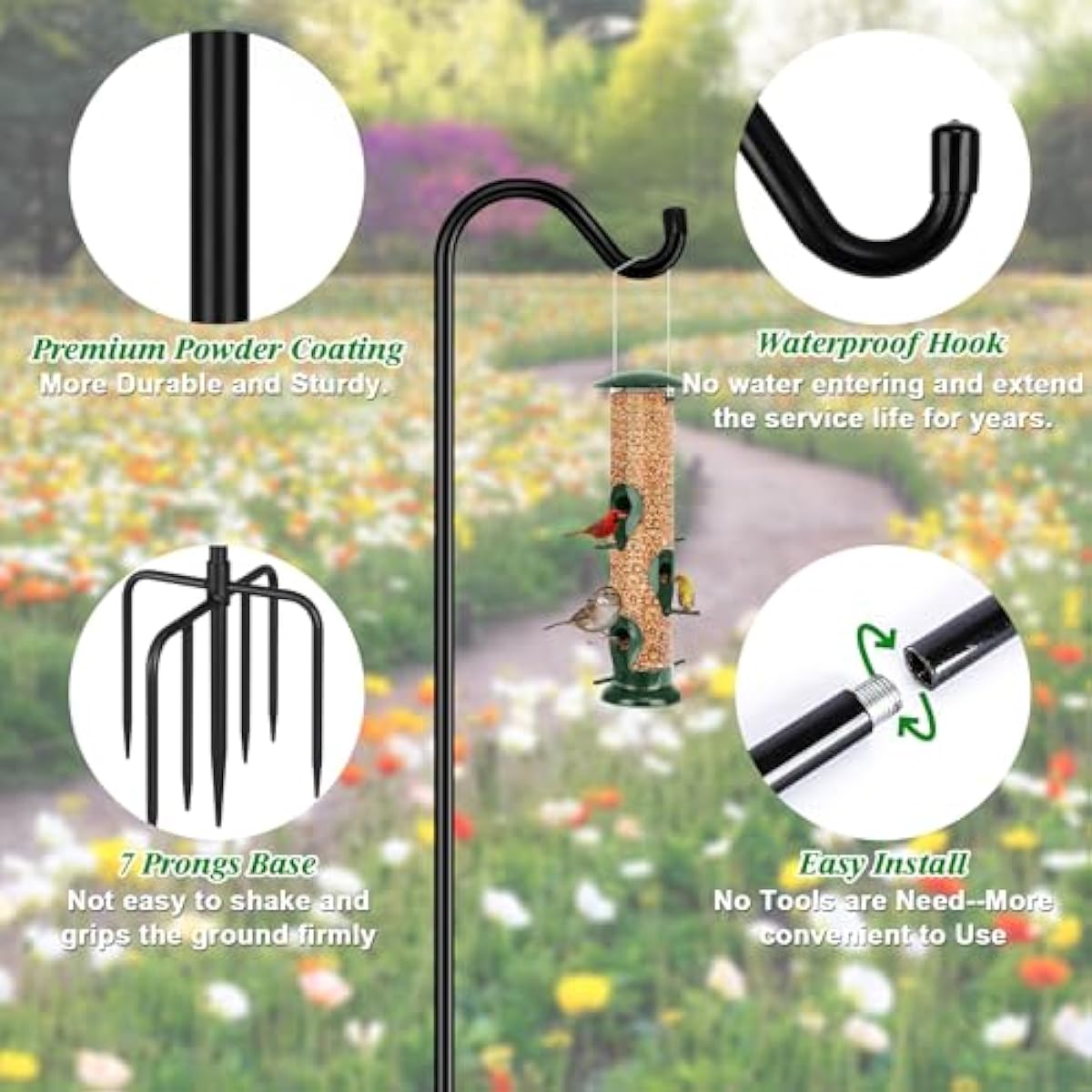 FEED GARDEN Shepards Hooks for Outdoor Bird Feeder Pole 76 Inch Adjustable Tall Heavy Duty Shepherds Hooks for Hanging Plant Baskets, Solar Lights, Wedding Decor, Lanterns, Black (2 Pack)