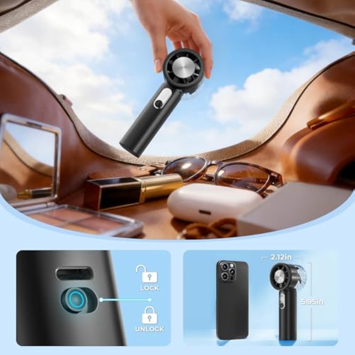 Portable Handheld Turbo Fan with Ice Cooling- 5 Gear High Speed , Mini Hand Fan with Strong Airflow, Up to 12Hrs Cooling, Rechargeable Battery, Powerful Personal Fan for Outdoor, Travel,Working, Black