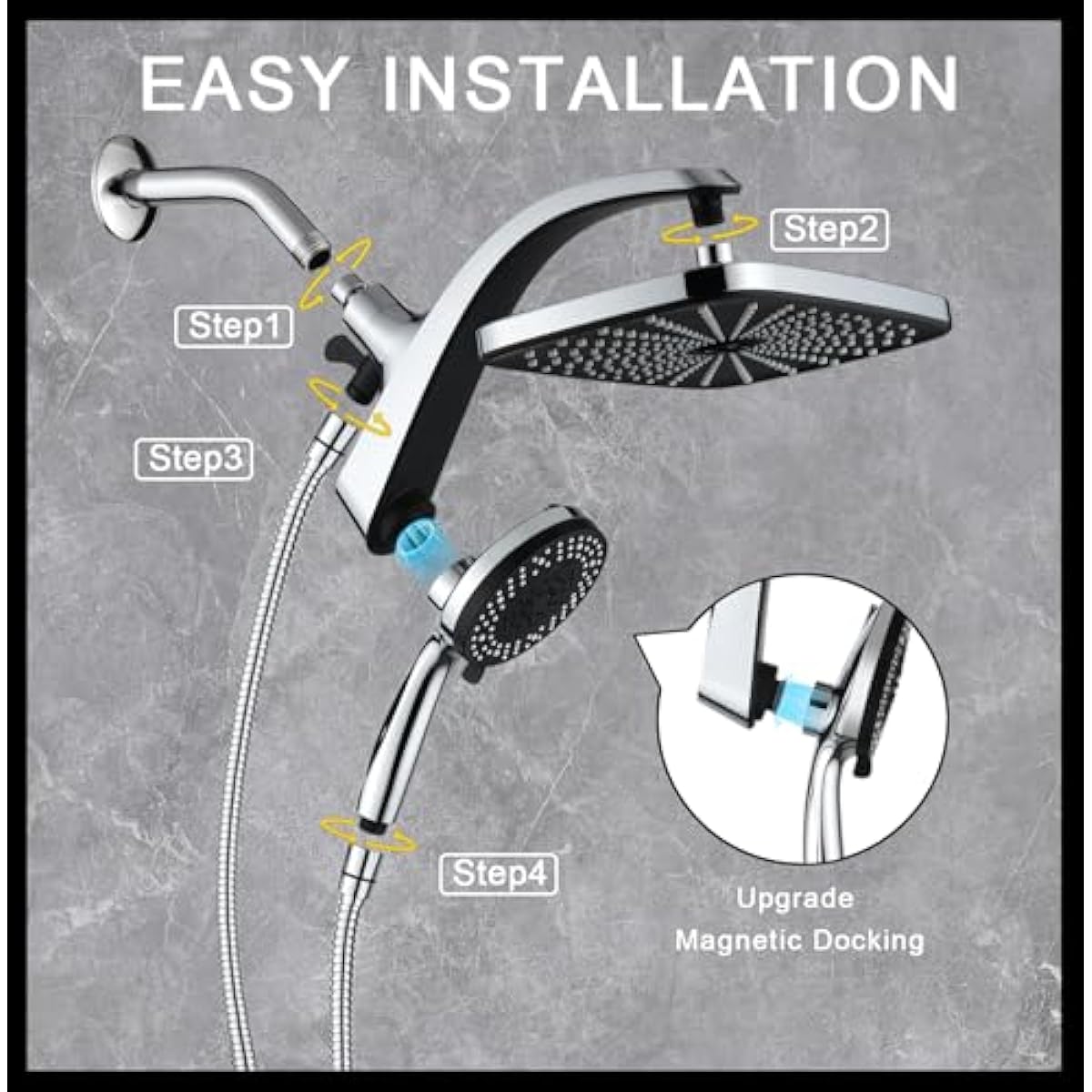 High Pressure Rain Shower Head: Upgrade Shower Heads with Handheld Spray Combo with Fixed Showerhead and 10 Sprays Handheld Shower Head, Detachable Shower head Built-in Magnetic Docking and Power Jets