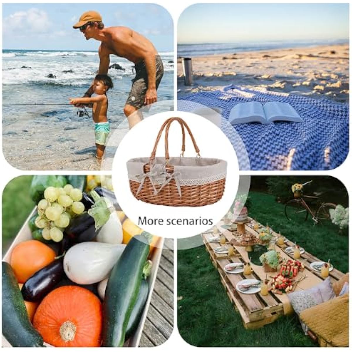 Large Wicker Picnic Basket with Handles,Handle Sturdy Woven Body with Removable and Washable Lining,Outdoor Camping,Gift Packing,Garden Picking, Storage.White Flower