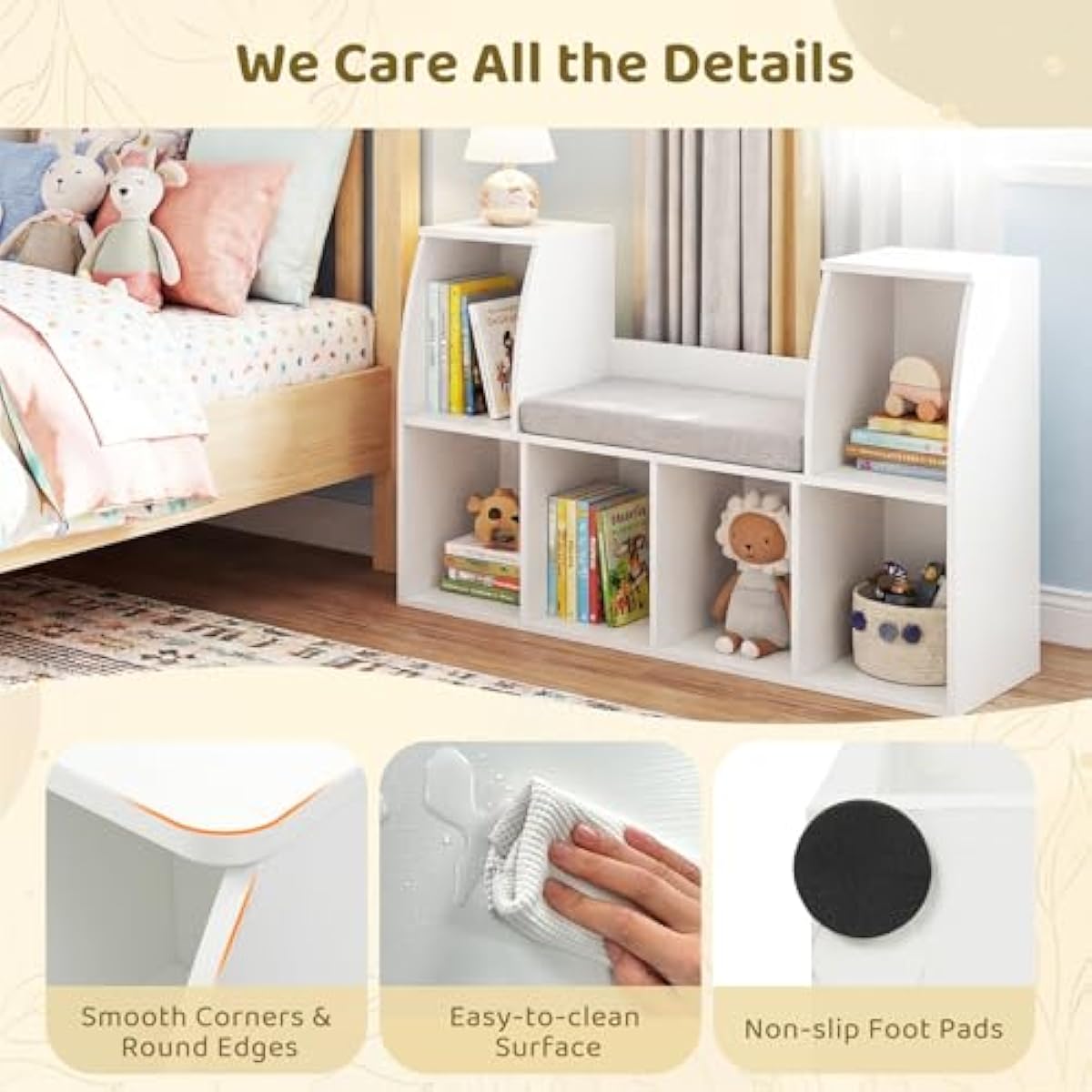 Costzon Kids Bookshelf with Reading Nook, 6 Cubby Bookcase with Soft Seat Cushion, Wooden Toy Storage Organizer with Bench, Book Shelf for Kids Room, Playroom, Nursery, Daycare