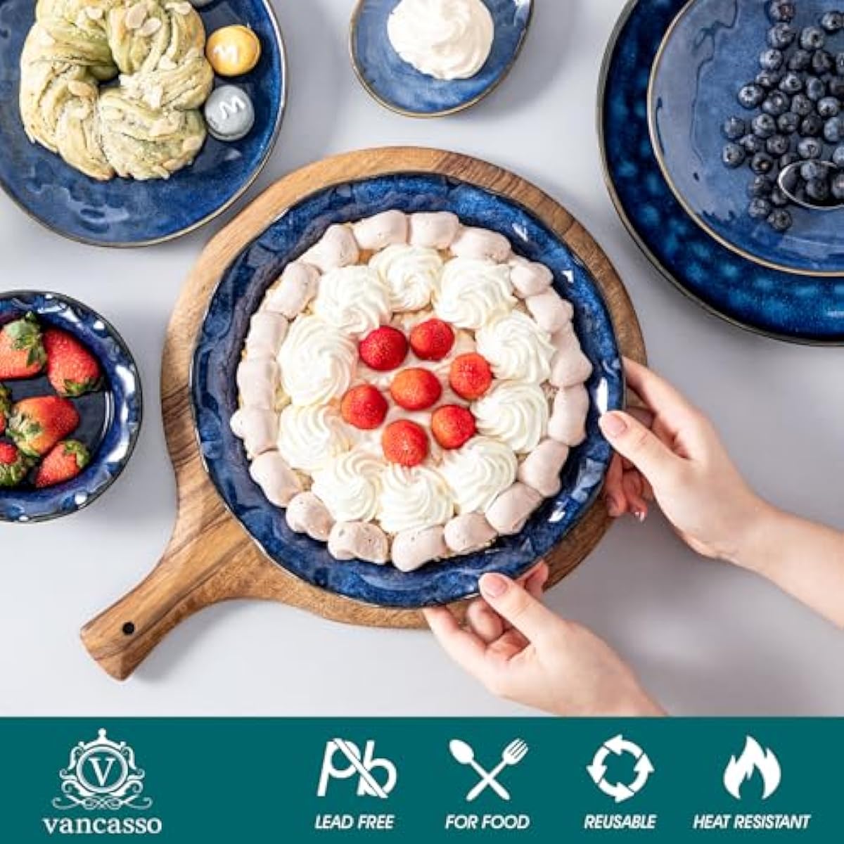 vancasso Ceramic Pie Pan for Baking, 9 inch Deep Pie Plates for Apple Pie, Pot Pie, Tart and Quiche, Reactive Glaze Fluted Pie Pans, Large Pie Dish with Ruffled Edge, Blue, STERN Series