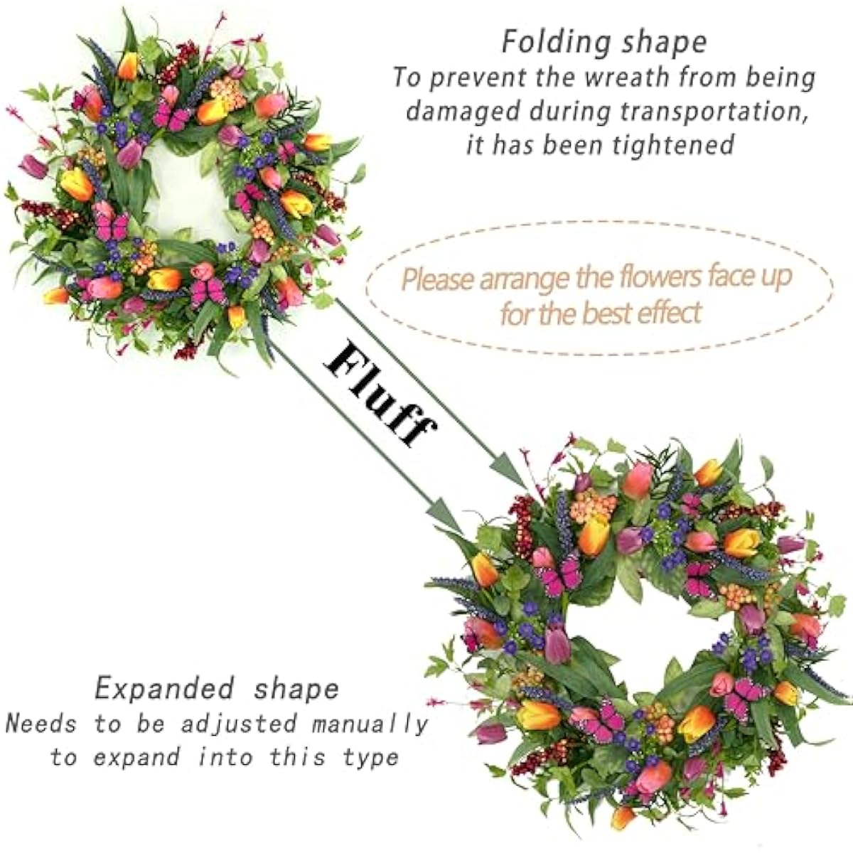 22 inch Spring Summer Wreath Tulip Wreath for Front Door with Purple Tassels, Eucalyptus Leaves, Ferns, Butterflies for Indoor Outdoor wall Festival Home Farmhouse Wedding Decor