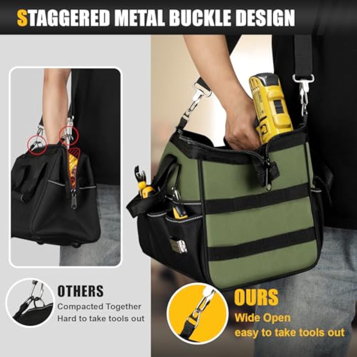 Heavy Duty Tool Bag 15-Inch, 16-Pocket Portable Empty Tool Box Organizer, Big Storage Toolbox Organization, Soft Handle Large Zipper Carrying Toolbag, Father Day Gifts for Him Dad Men, Green