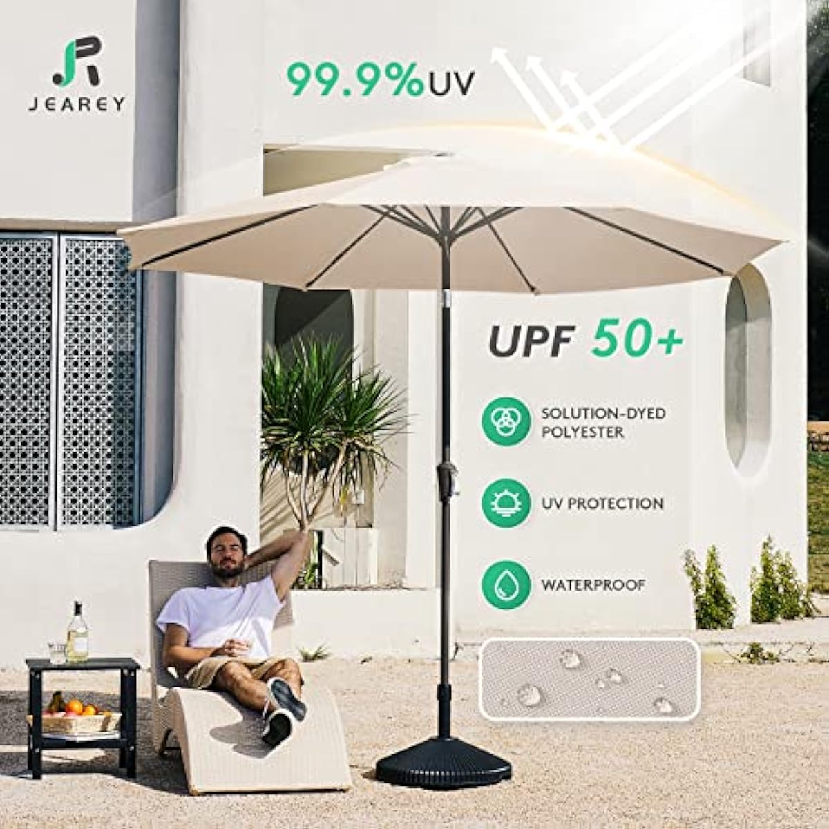 JEAREY 9FT Outdoor Patio Umbrella Outdoor Table Umbrella with Push Button Tilt and Crank, Market Umbrella 8 Sturdy Ribs UV Protection Waterproof for Garden, Deck, Backyard, Pool (Beige)