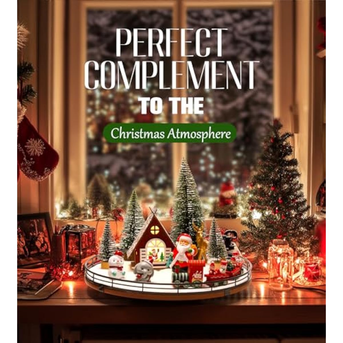 AMH 12 PCS Christmas Table Decorations Set with Oak Rotating Base – Xmas Town Village Centerpiece with Santa, Train, House, Trees & Figurines, Tabletop Decorations for Holiday Dining & Coffee Tables