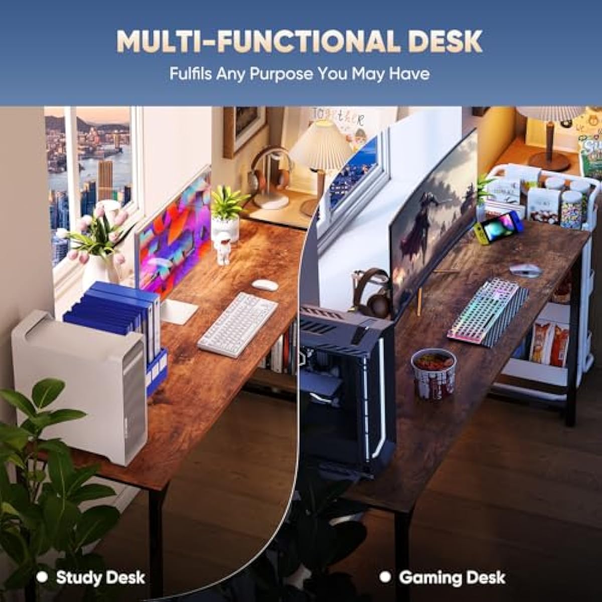DUMOS 47 Inch Computer Desk for Home Office, Modern Writing Study Table Simple Modern Style for Bedroom Small Space, Large Work Desks with X-Shaped Reinforcement, Wood Brown