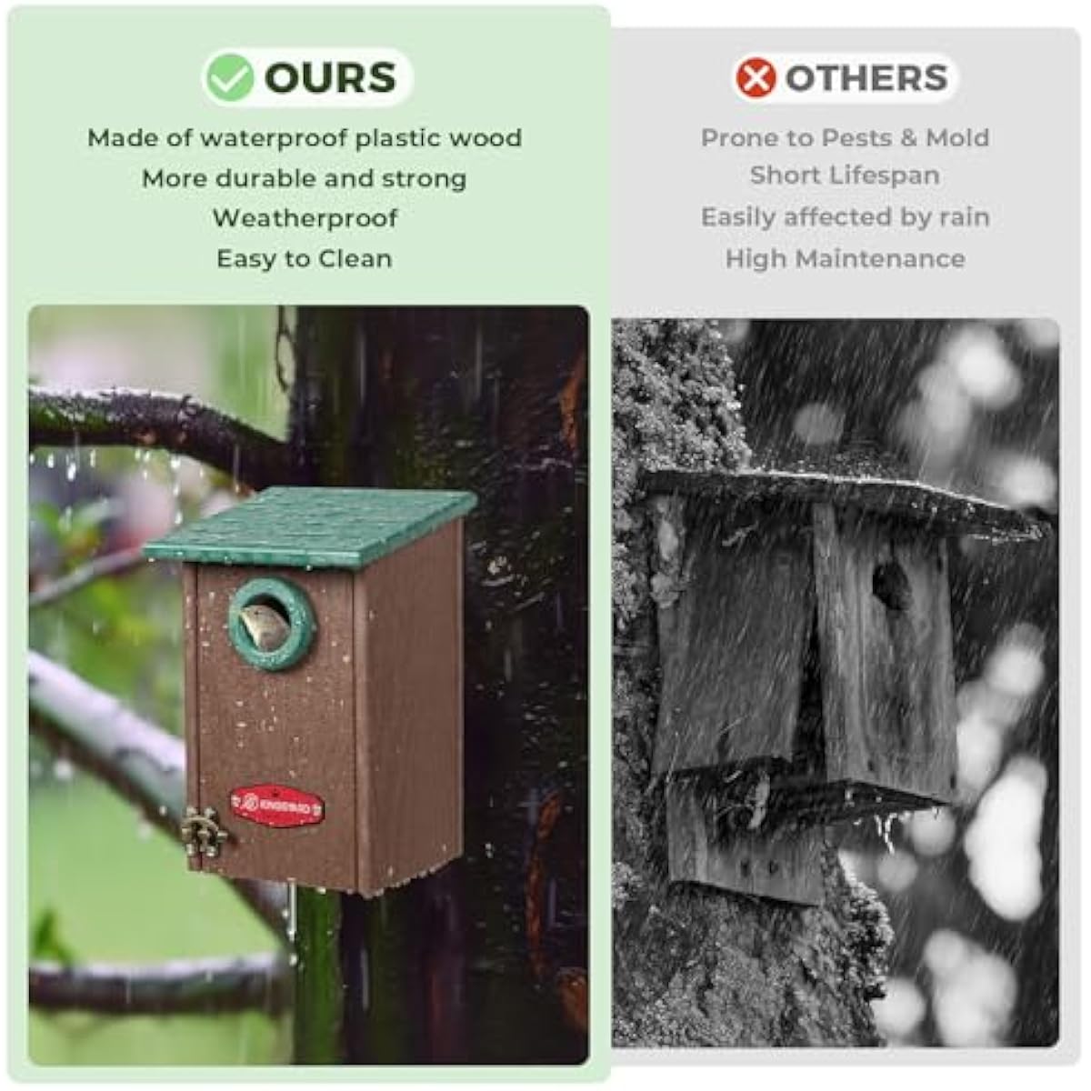 Kingsyard Recycled Plastic Bird House for Outdoors - Weatherproof Wren Bird Nesting with Predator Guard & Air Vents, Green