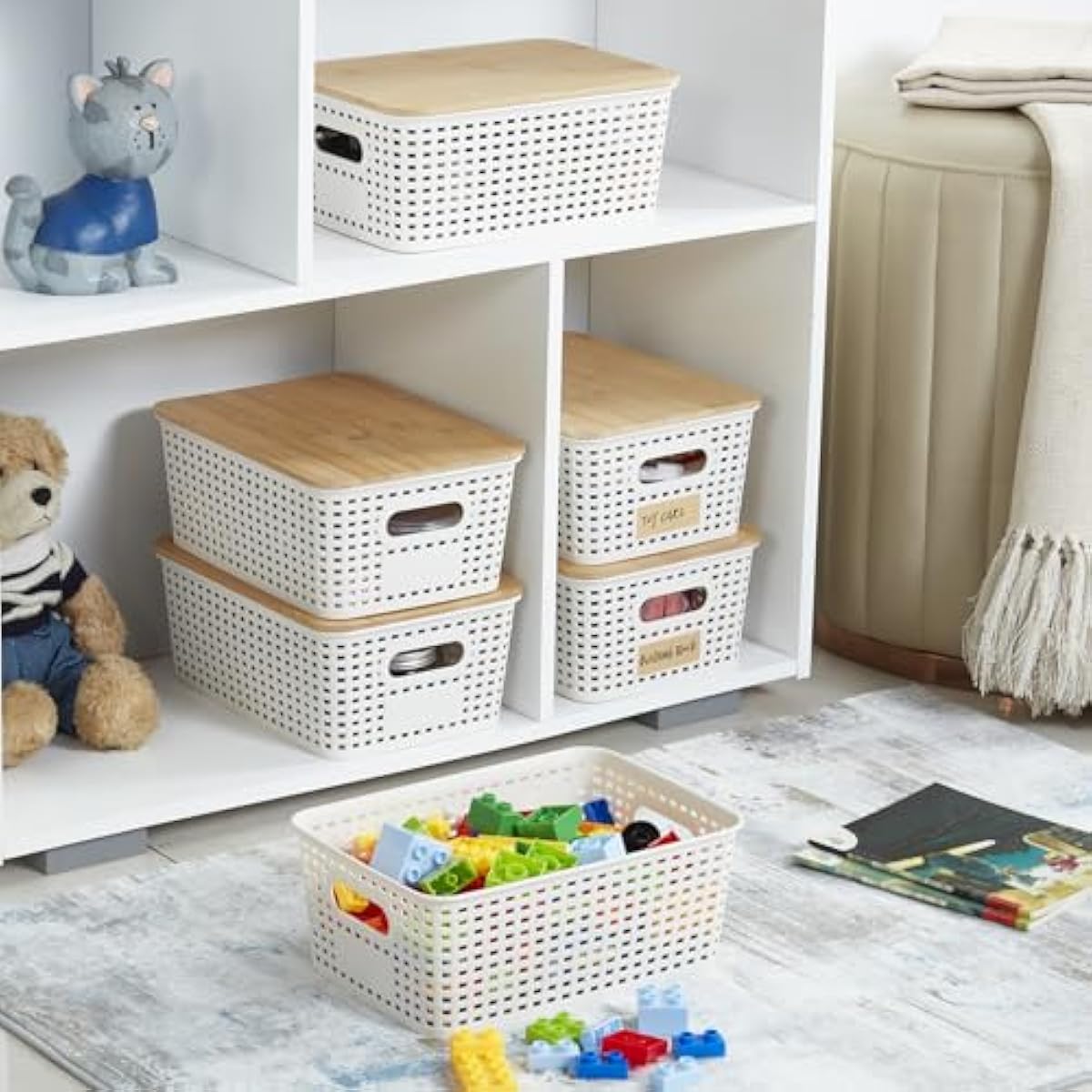 Small Plastic Storage Bins with Bamboo Lids 5.2qt Stackable Box Basket Pantry Decorative Containers Cute with Lable for Organizing Desktop Closet Office Cream White of 6 packs 10*7.2*4.1'’