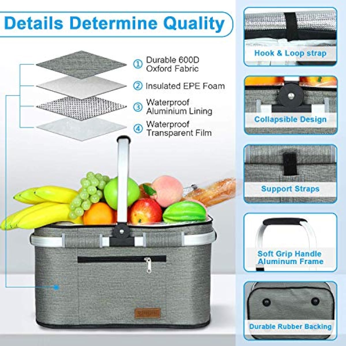 LIQING 35L Large Picnic Basket 2 Layers of Internal Pockets Leak-Proof and Insulated ，Folding with Internal Support for enhansed Stability, Wedding Gifts for Couple(Grey)