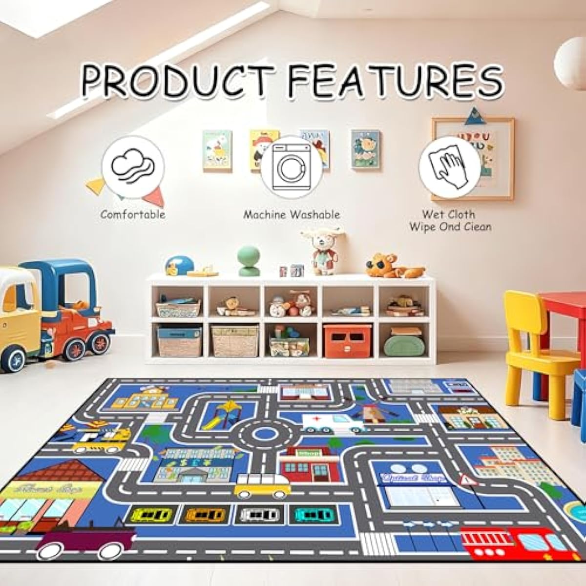 5x7 ft Kids Car Rug - Large Blue Traffic Road Play Mat for Cars, Educational City Play Carpet for Playroom, Nursery & Bedroom Decor