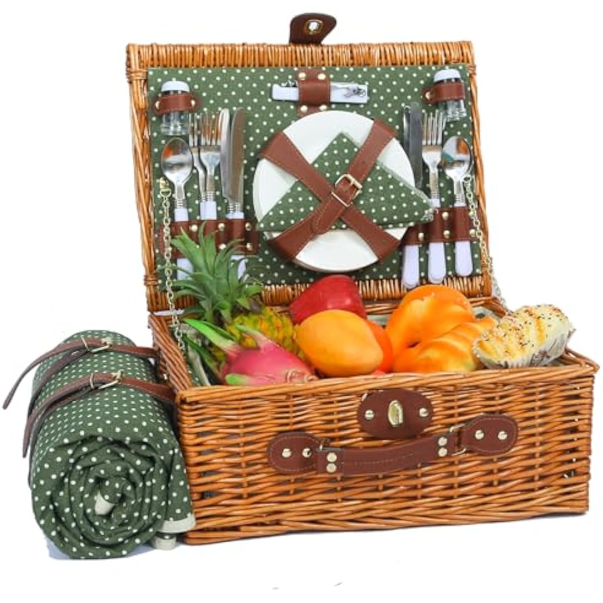 Picnic Basket for 4 Persons with Waterproof Picnic Blanket and Insulated Cooler, Large Wicker Picnic Basket for Camping, Outdoors, Valentine's Day, Christmas, Birthday, Wedding Gift