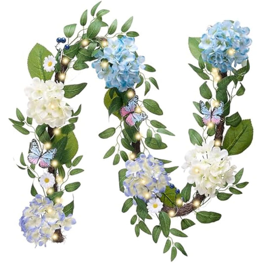 Valery Madelyn 6FT Spring Summer Flower Garland with Lights for Mantle,Blue White Hydrangeas Floral Garland with Eucalyptus Leaves Butterfly for Home Table Centrepiece Stairs Wedding Party Decorations