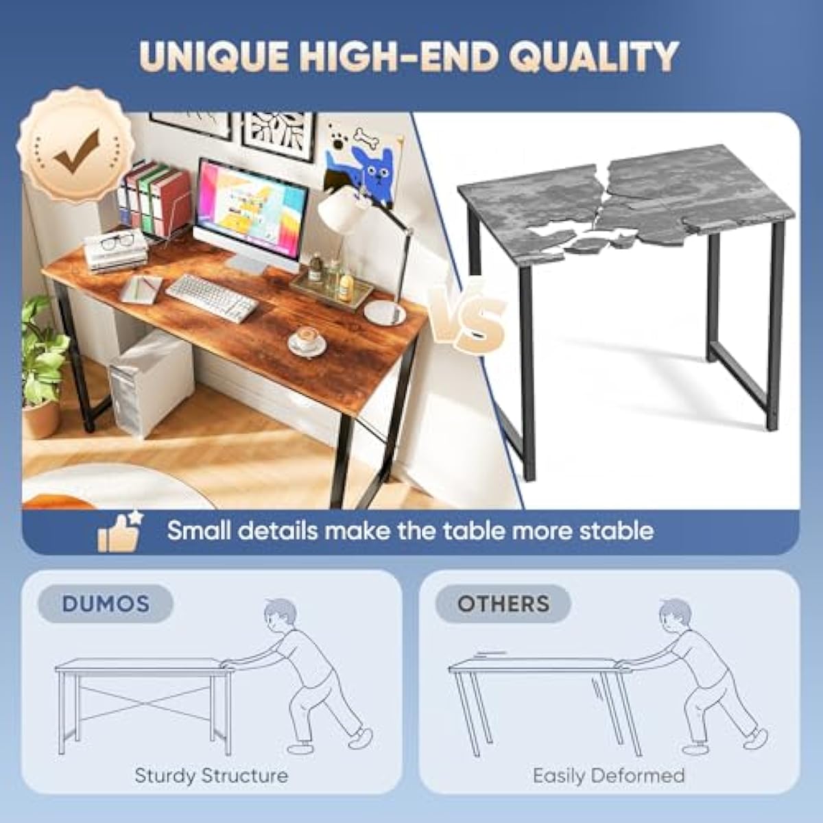 DUMOS 47 Inch Computer Desk for Home Office, Modern Writing Study Table Simple Modern Style for Bedroom Small Space, Large Work Desks with X-Shaped Reinforcement, Wood Brown