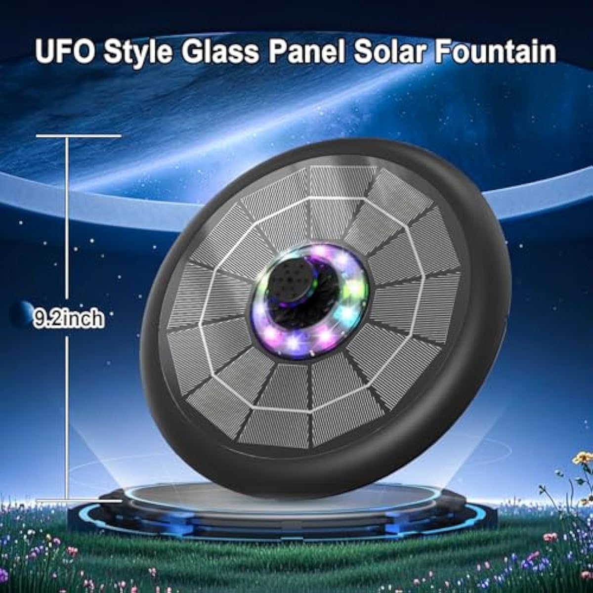 Solar Fountain UFO Style, 2026 Upgrade 5W Glass Solar Panel Bird Bath Fountain with LED Lights, 4000mAh Backup Battery, 7 Nozzles for for Garden, Pond, Pool, Patio Outdoor Water Feature