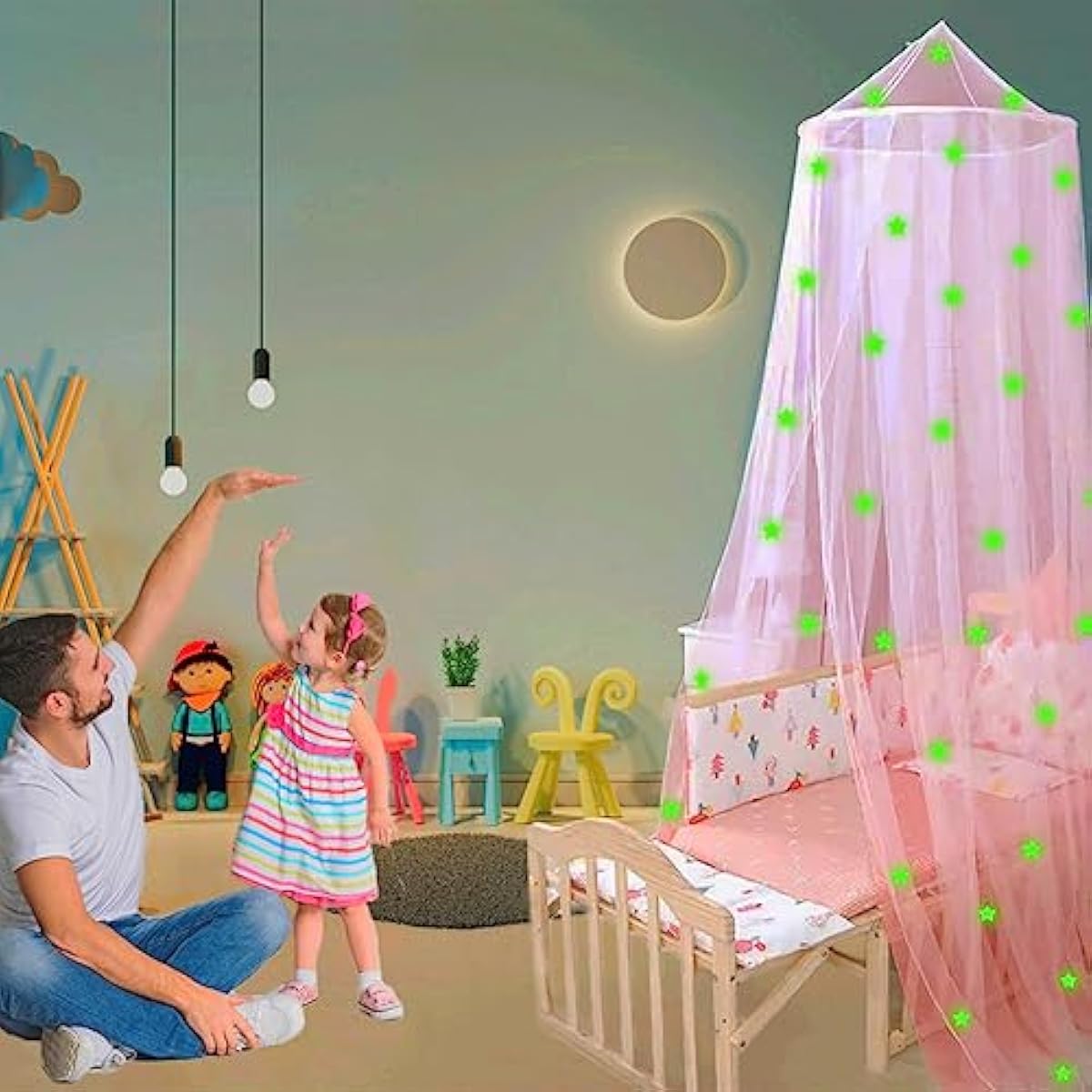 Eimilaly Bed Canopy for Girls Mosquito Net, Princess Bed Canopy for Girls Room Decor - Insect Protection Hanging Canopy for Indoor(Pink,Stars Glow in the Dark)