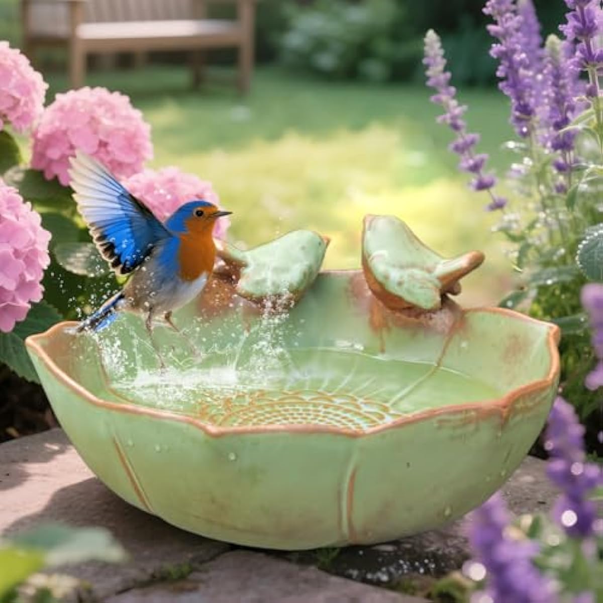 Ceramic Bird Bath for Outdoors, 10.1” Ground Ceramic Bird Baths Bowl for Outside, Garden Table Top Bird Baths Weather Resistant, Birdbath for Deck, Balcony, Lawn
