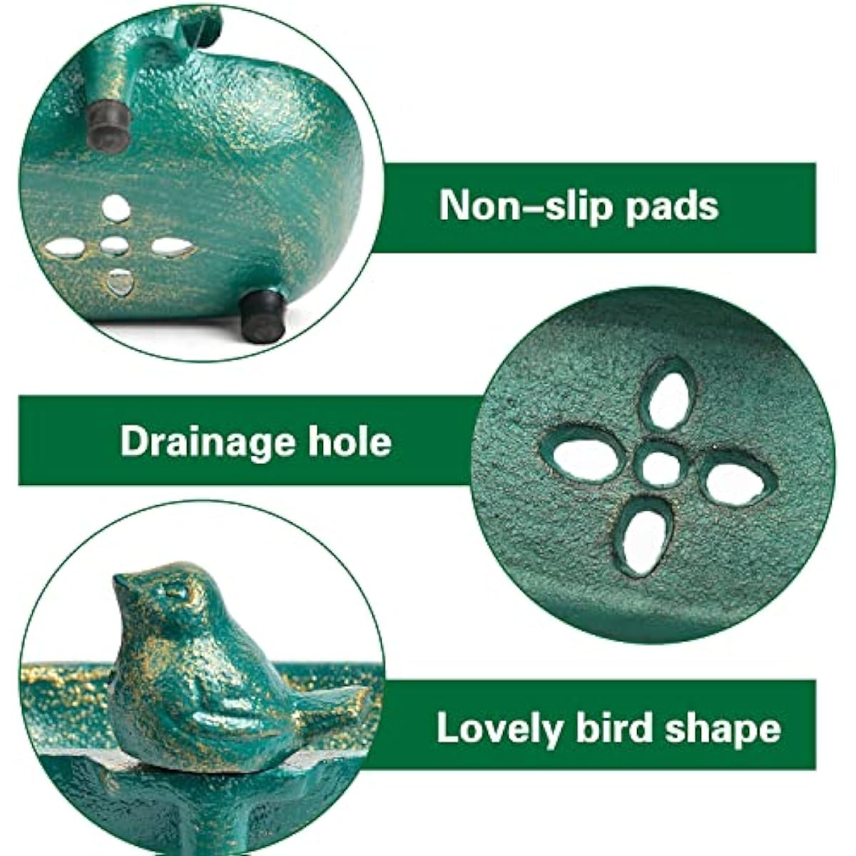 Sungmor Heavy Duty Cast Iron Hand Soap Holder - Lovely Bird Shaped & Antique Green Finish - Decorative Tabletop Soap Dish Tray for Kitchen Bathroom Sink - Practical Bath Soap Box Container