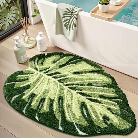 LUMI Cute Bathroom Rugs with Green Leaf Plant, Soft, Fluffy, Plush, Absorbent, Quick Dry, Non Slip, Machine Washable for Shower Floor, Bathroom, Bedroom, Kids Room, 31.5"x47", Monstera