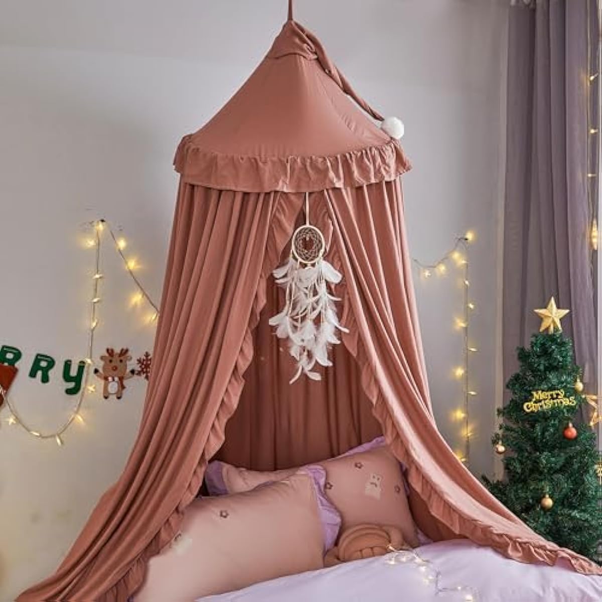 VETHIN Bed Canopy for Girls,Princess Round Dome Dreamy Mosquito Net Bedding Girls Room Castle Play Tent Hanging House Decor Reading Nook Canopies (JujubeRed)
