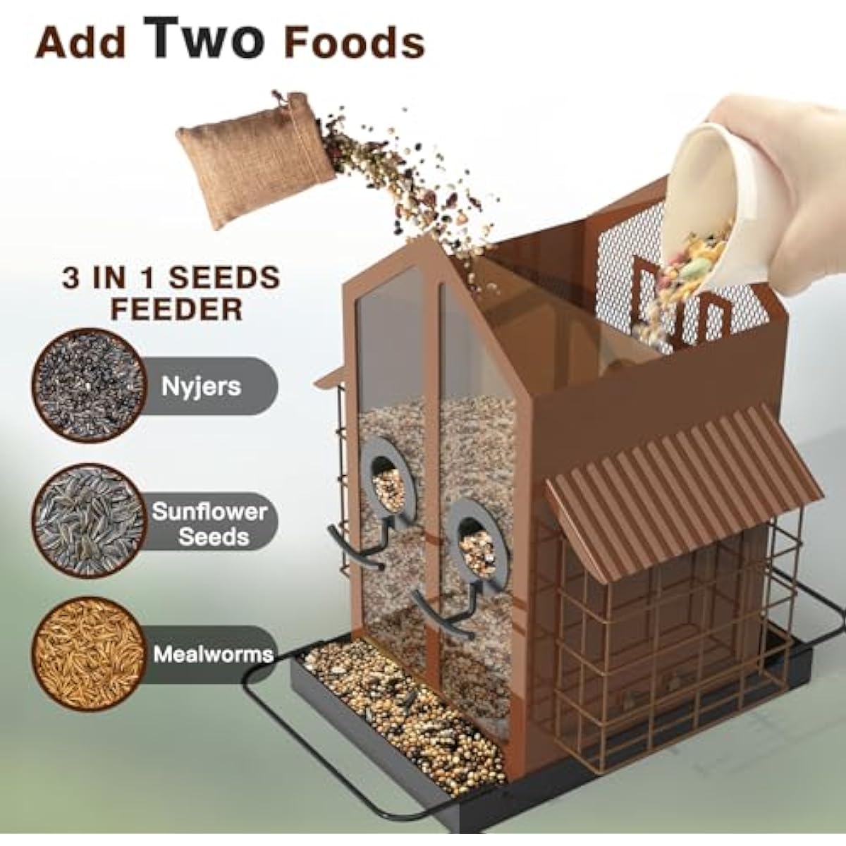 FlowaFoli Bird Feeders for Outdoors, Metal Bird Feeder with Double Suet Cage Weatherproof Metal Roof, 2 in 1 Mixed Seeds Suet Feeder, 4Lbs Large Capacity, Great for Finch、Cardinal、Chickadee（Brown）