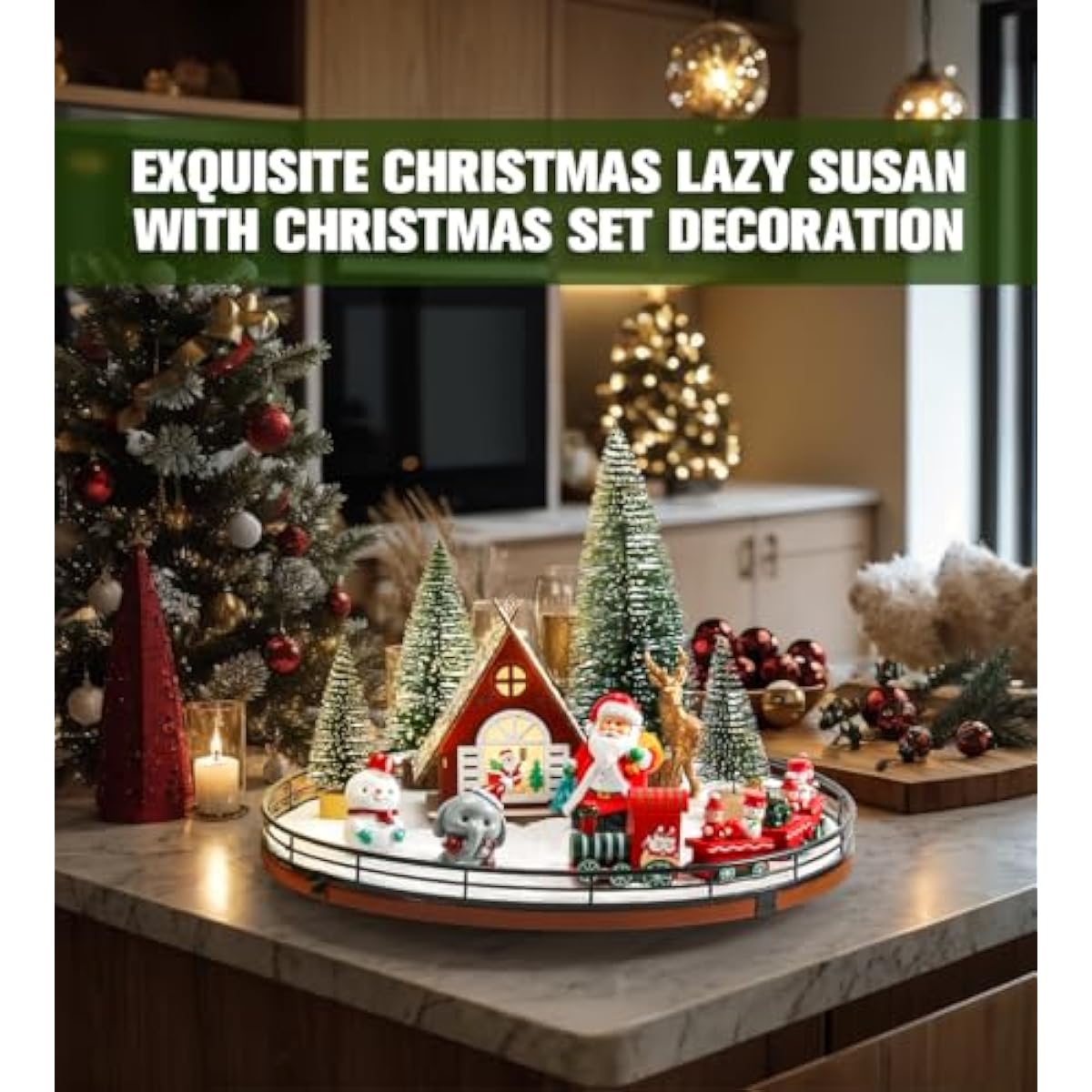 AMH 12 PCS Christmas Table Decorations Set with Oak Rotating Base – Xmas Town Village Centerpiece with Santa, Train, House, Trees & Figurines, Tabletop Decorations for Holiday Dining & Coffee Tables
