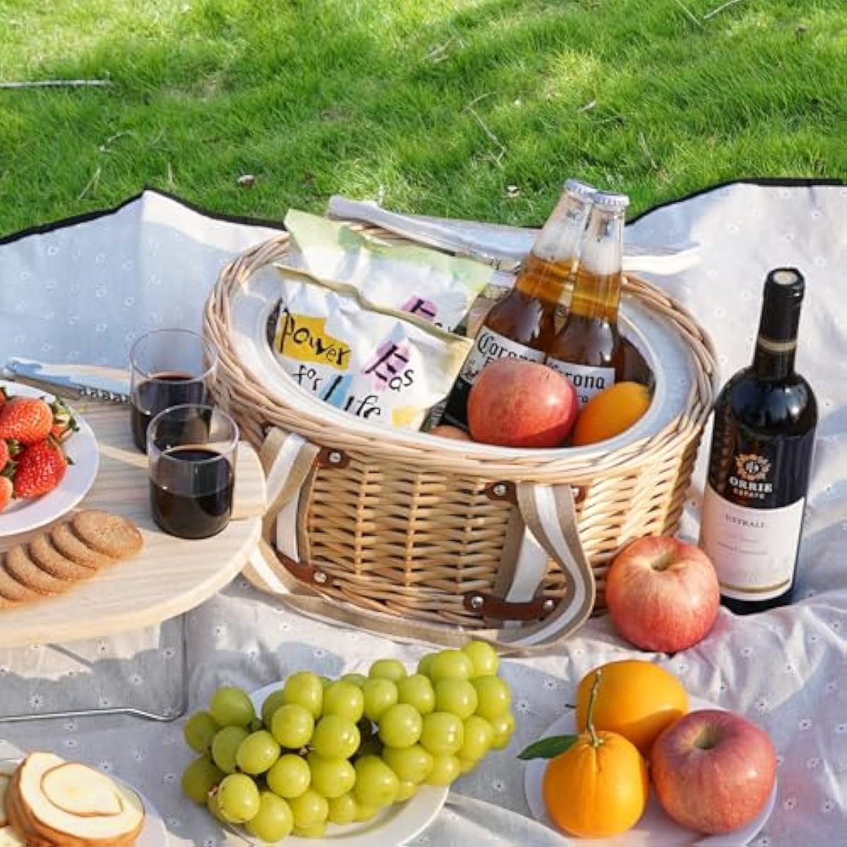 Picnic Basket Set for 4 - Wicker Insulated Picnic Basket with Folding Wine Table, Wine Picnic Kit with Liner for Couples, Camping, Outdoor, Valentine (WhiteFlower)