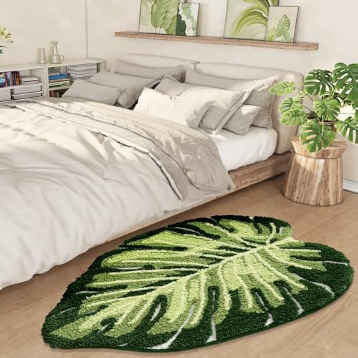 LUMI Cute Bathroom Rugs with Green Leaf Plant, Soft, Fluffy, Plush, Absorbent, Quick Dry, Non Slip, Machine Washable for Shower Floor, Bathroom, Bedroom, Kids Room, 31.5"x47", Monstera