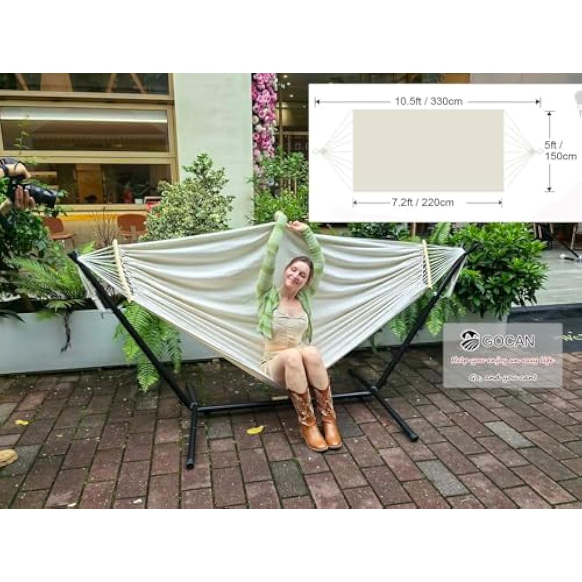 GOCAN Double Hammock 2 Person Extra Large 220x150cm Total Length 330cm Load 500lb Canvas Cotton Hammock for Patio Porch Garden Backyard Lounging Outdoor and Indoor with Removable Spreader bar