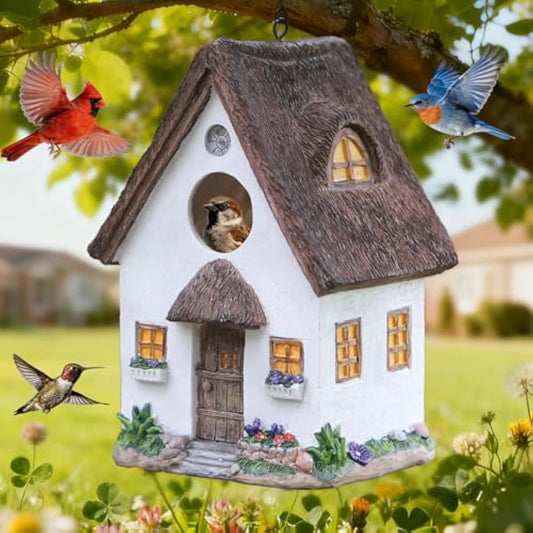 Bird Houses for Outside Rustic Cottage Birdhouse with Thatch Roof – Hand-Painted Resin Birdhouses for Outdoors for Bluebird Finches Cardinals Bird Nesting Garden, Patio, Yard