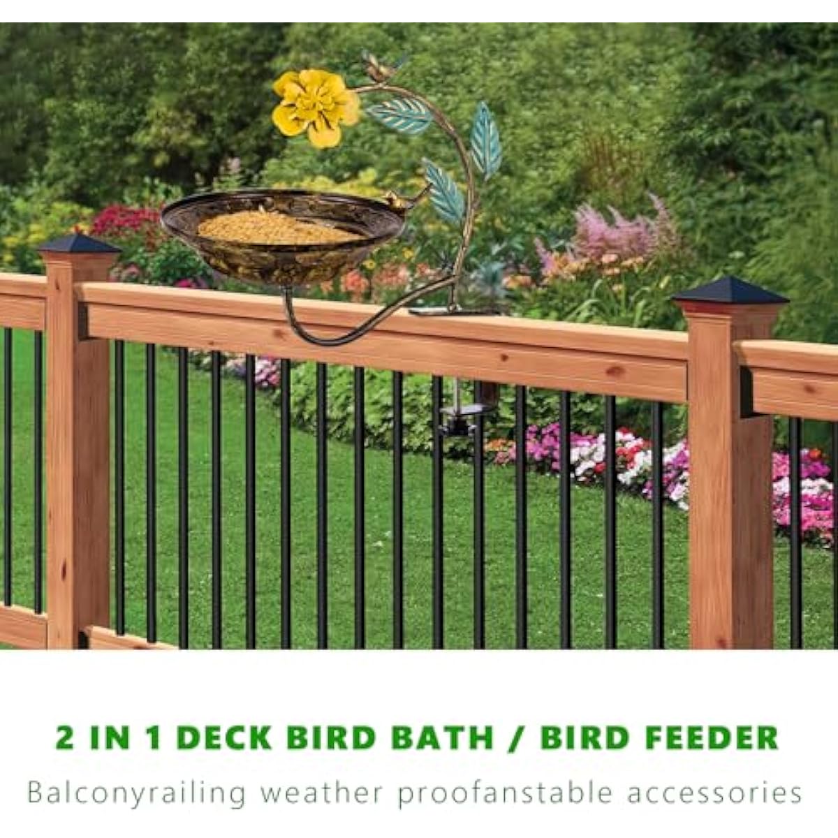 Metal Bird Bath for Outdoors, Deck Mounted Birdbaths with 10 Inch Bowl, Detachable Bird Feeder with Adjustable Clamp for Balcony Railing Garden Yard Decor