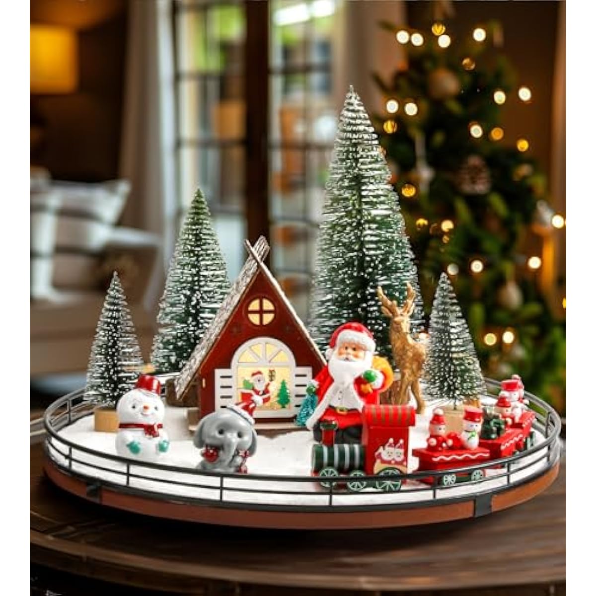 AMH 12 PCS Christmas Table Decorations Set with Oak Rotating Base – Xmas Town Village Centerpiece with Santa, Train, House, Trees & Figurines, Tabletop Decorations for Holiday Dining & Coffee Tables
