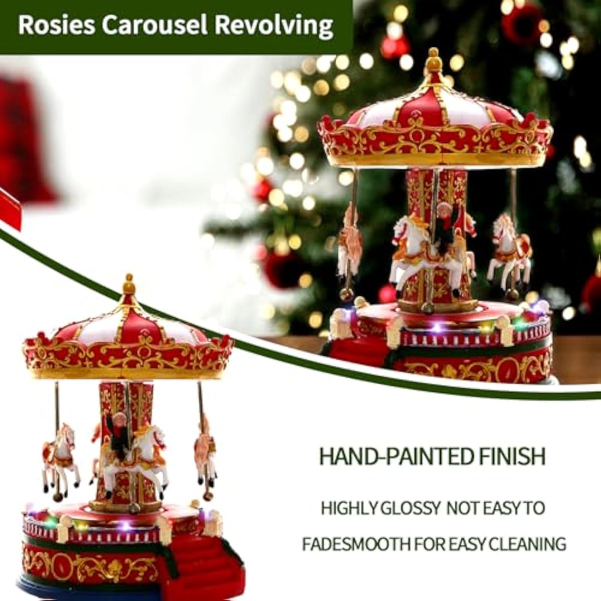 Christmas Carousel Figurines Decoration Christmas Village House Musical Carousel with 6 Moving Horses Go Round, 8 Pieces of Music Snow Globe, Music Box for Girl and Boy Kids (Carouel)