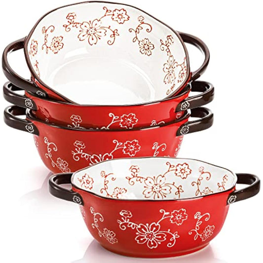 AVLA 4 Pack Ceramic Soup Bowls, 22 Ounces Porcelain Serving Bowl Set with Doundle Handle, Large Ceramic Crocks for French Onion Soup, Stew, Pasta, Cereal, Pot Pies (Red)