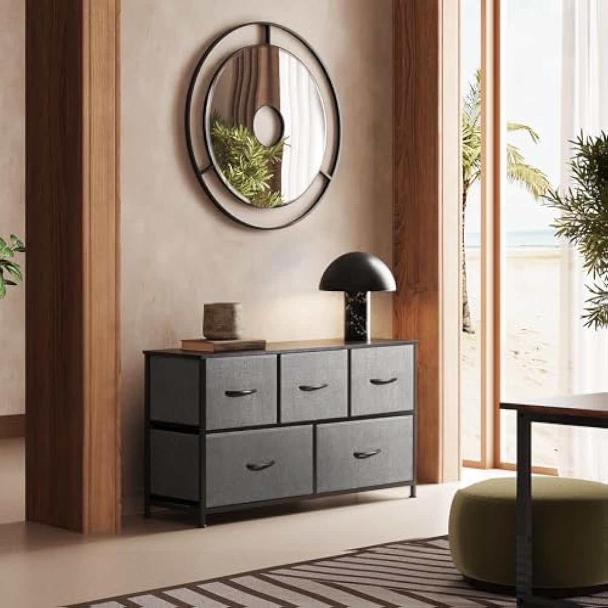 WLIVE Dresser for Bedroom with 5 Drawers, Wide Chest of Drawers, Fabric Dresser, Storage Organizer Unit with Fabric Bins for Closet, Living Room, Hallway, Dark Grey