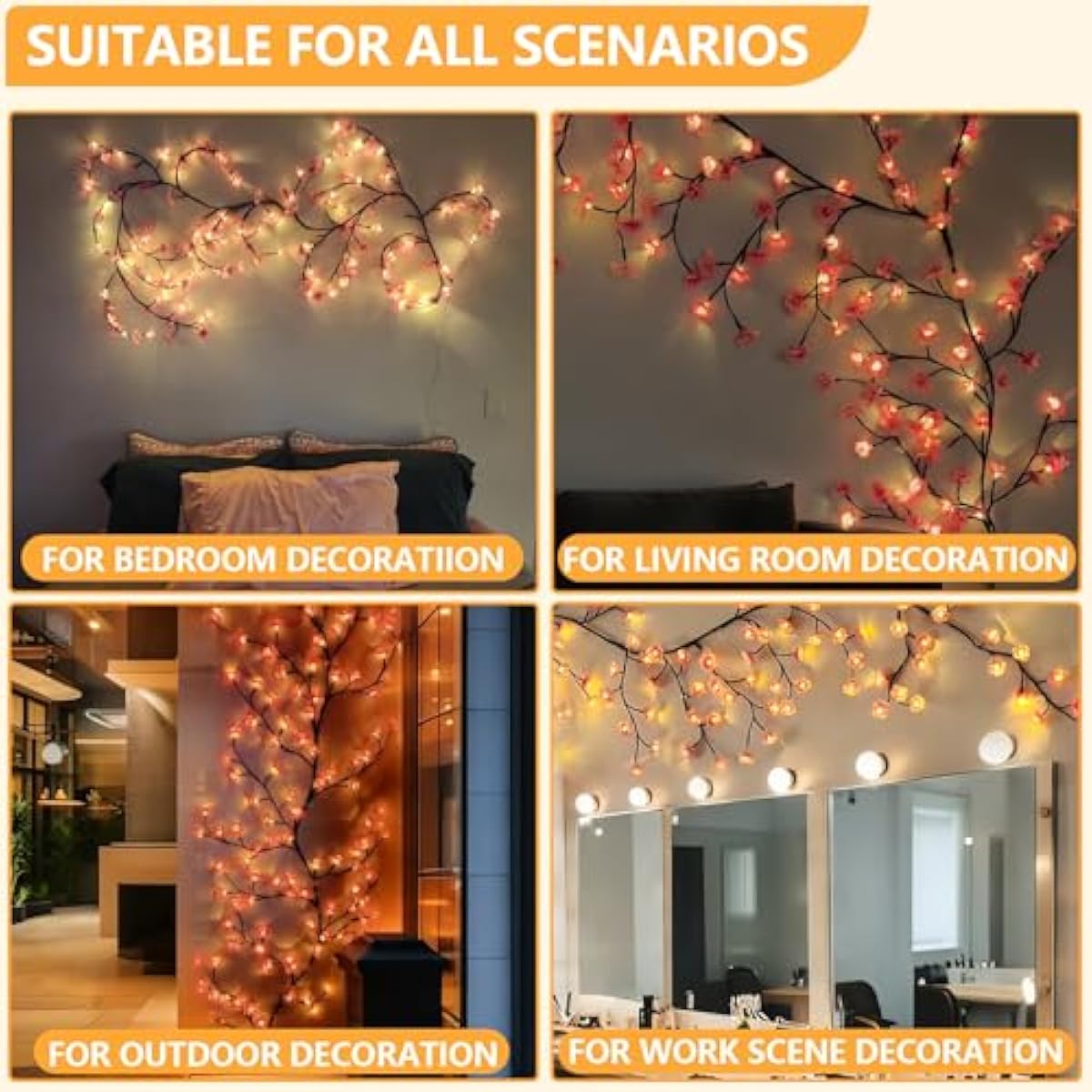 Cherry Enchanted Willow Vine Lights, 4FT 48LED Pink Cherry Blossom Tree Branch Lights for Wall, Remote Timer,8 Light Model,Bedroom Wall Doors Wedding, Christmas, USB Battery Box