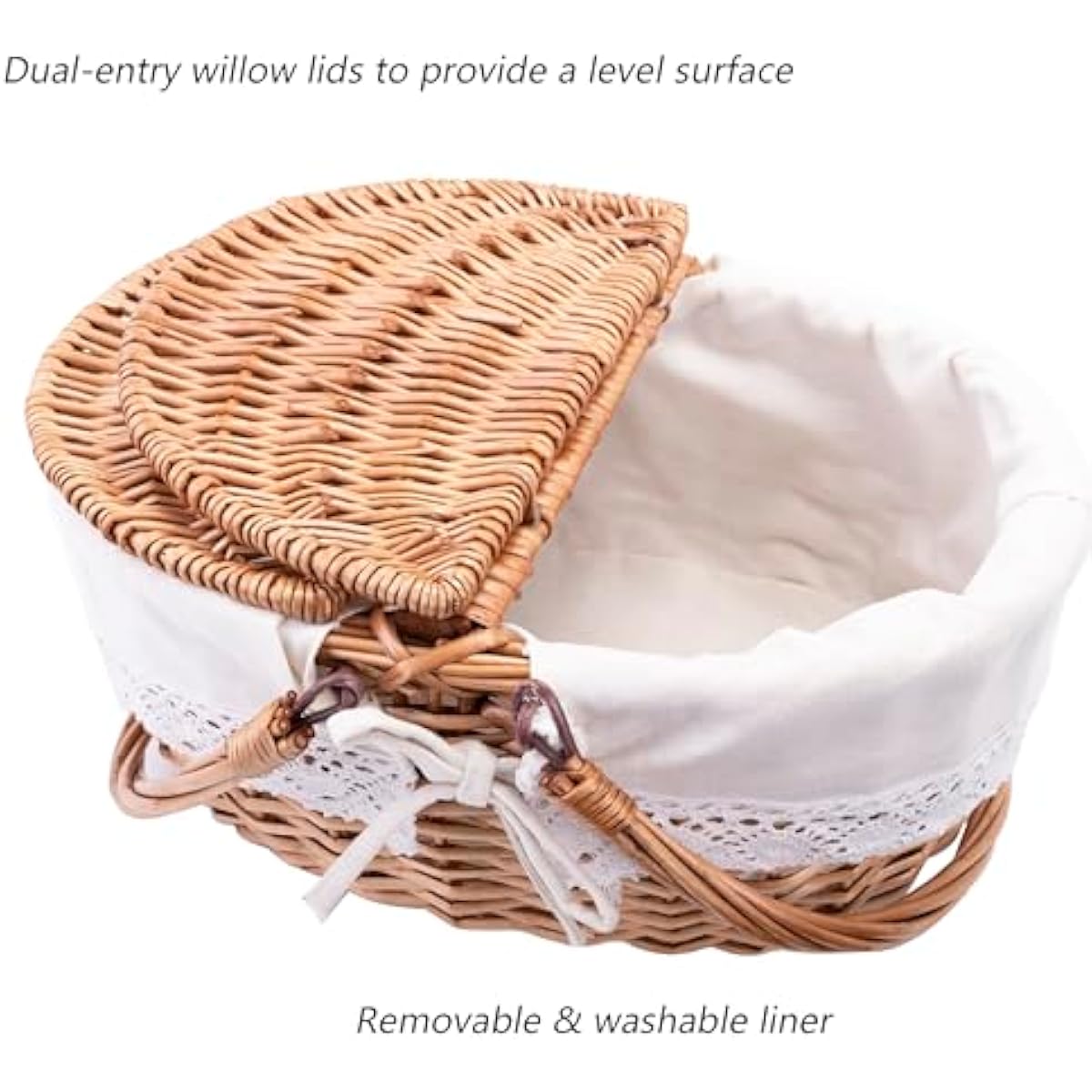Wicker Picnic Basket with Removable Liner Empty Picnic Baskets with Lid, Picnic Hamper with Foldable Handles for Picnic 2, Natural Color, Large