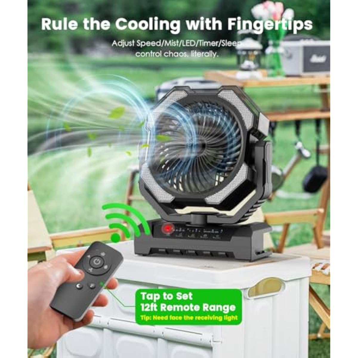 Camping Misting Fan - 24000mAh Portable Battery Powered Fans with 9oz Water Tank, Light, Hook - Rechargeable, 120H Cooling, Last 5H Mist, 4 Speed, Sleep Mode - Outdoor Gear, Travel Essentials