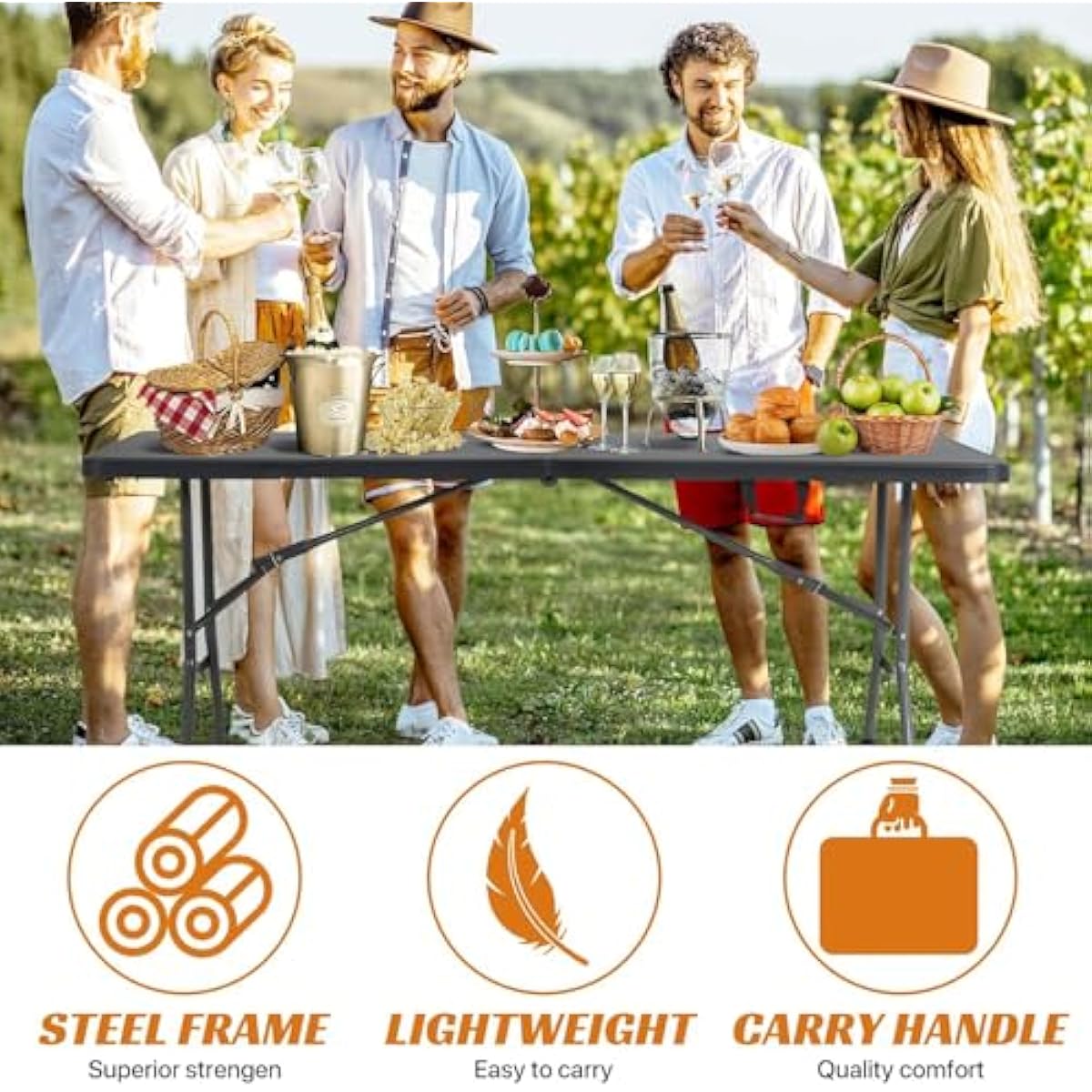 6ft Folding Table - Heavy Duty Portable 6 Foot Plastic Table with Fold-in-Half Design & Carry Handle, Indoor Outdoor Utility Table for Dining, Camping, Parties, Picnics, Tailgating (6FT, Black) ﻿