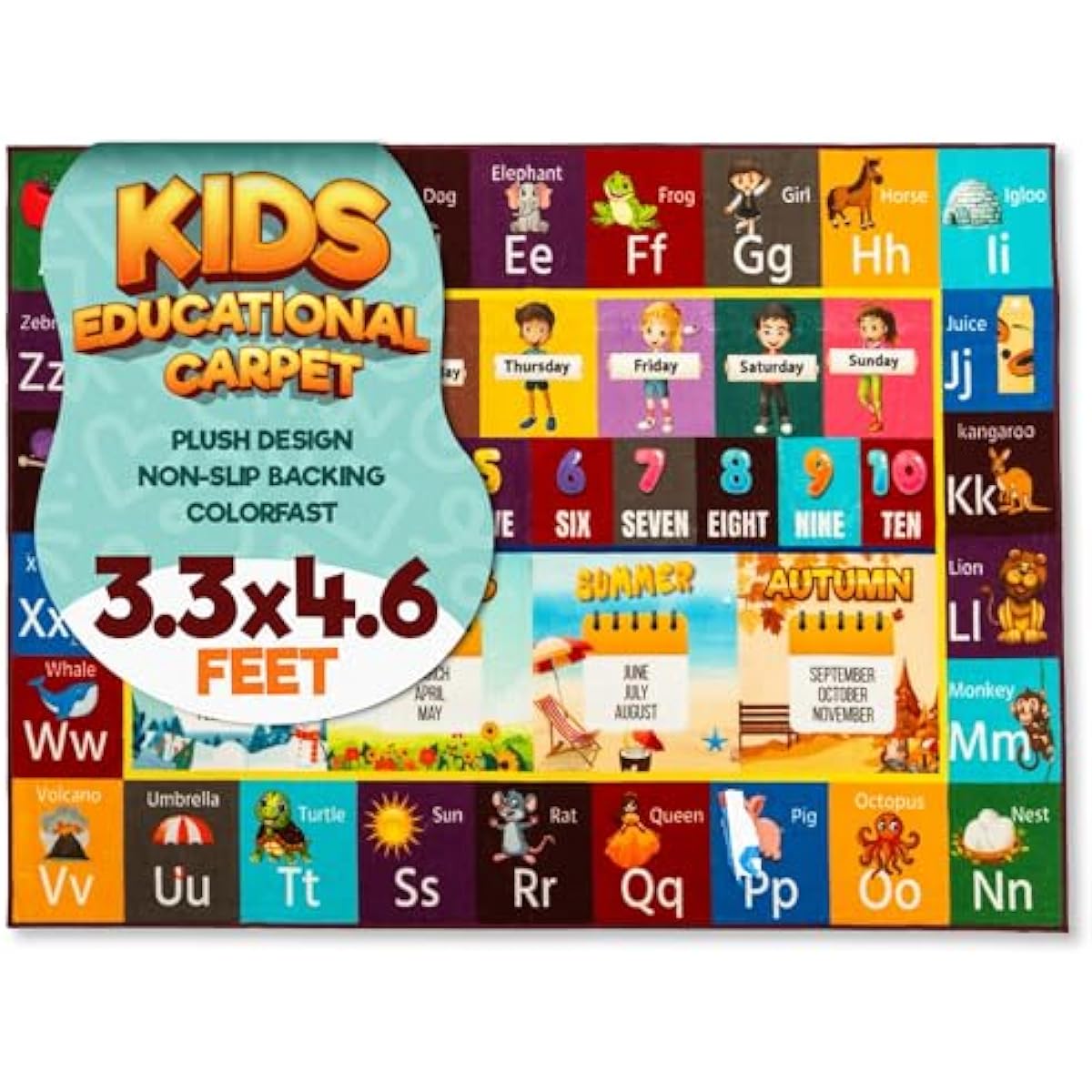 Educational Rug – Non-Slip ABC Carpet for Kids Room – 55" x 39" Soft Alphabet Kids Rug for Playroom, Daycare, Preschool, Classroom, Play Mat – Childrens ABC Mat with Letters Numbers Animals Months