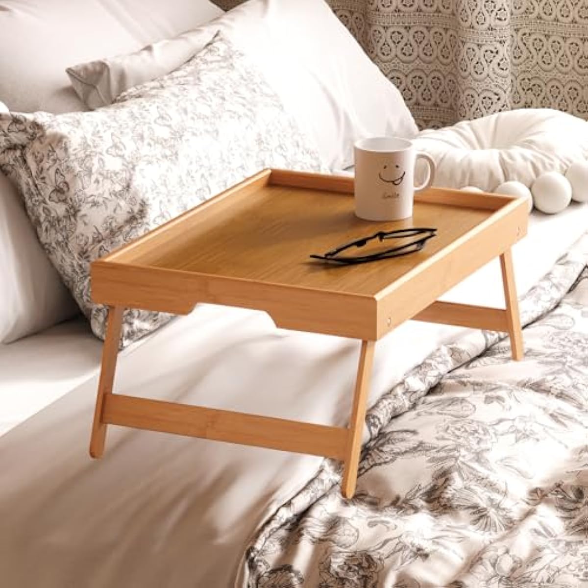 Fibogollo 2 Pack Bamboo Bed Tray Table with Folding Legs,Breakfast Trays,Serving Tray for Food and Snack,Laptop Trays for Working(Natural)