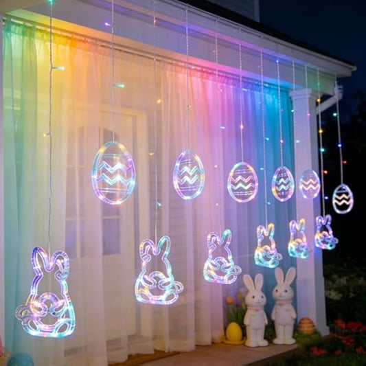 Dazzle Bright Easter Lights, 222LED 9FT Pastel Rabbit and Eggs Curtain String Lights with 8 Modes, Plug in Easter Decorations for Indoor Window Outdoor Party Decor (Pastel)
