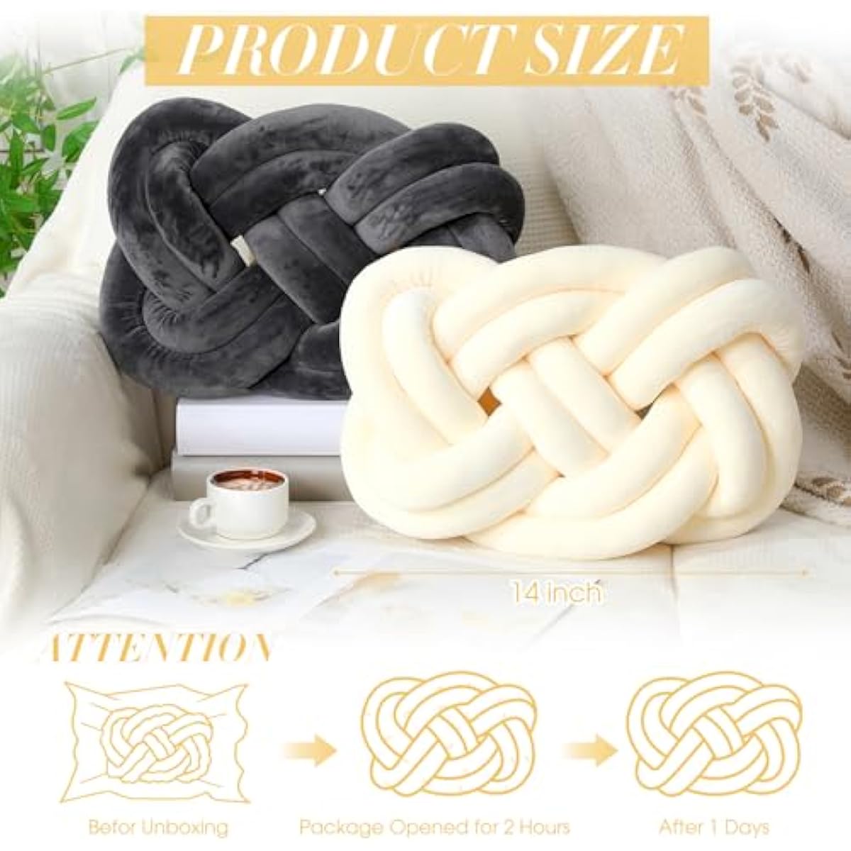 Sintuff Set of 2 Velvet Knot Pillow Ball 14 x 16 Inch Soft Decorative Knotted Throw Pillow for Christmas Thanksgiving Couch Home Sofa Bedroom Decor to Add Comfort and Style(White and Gray)