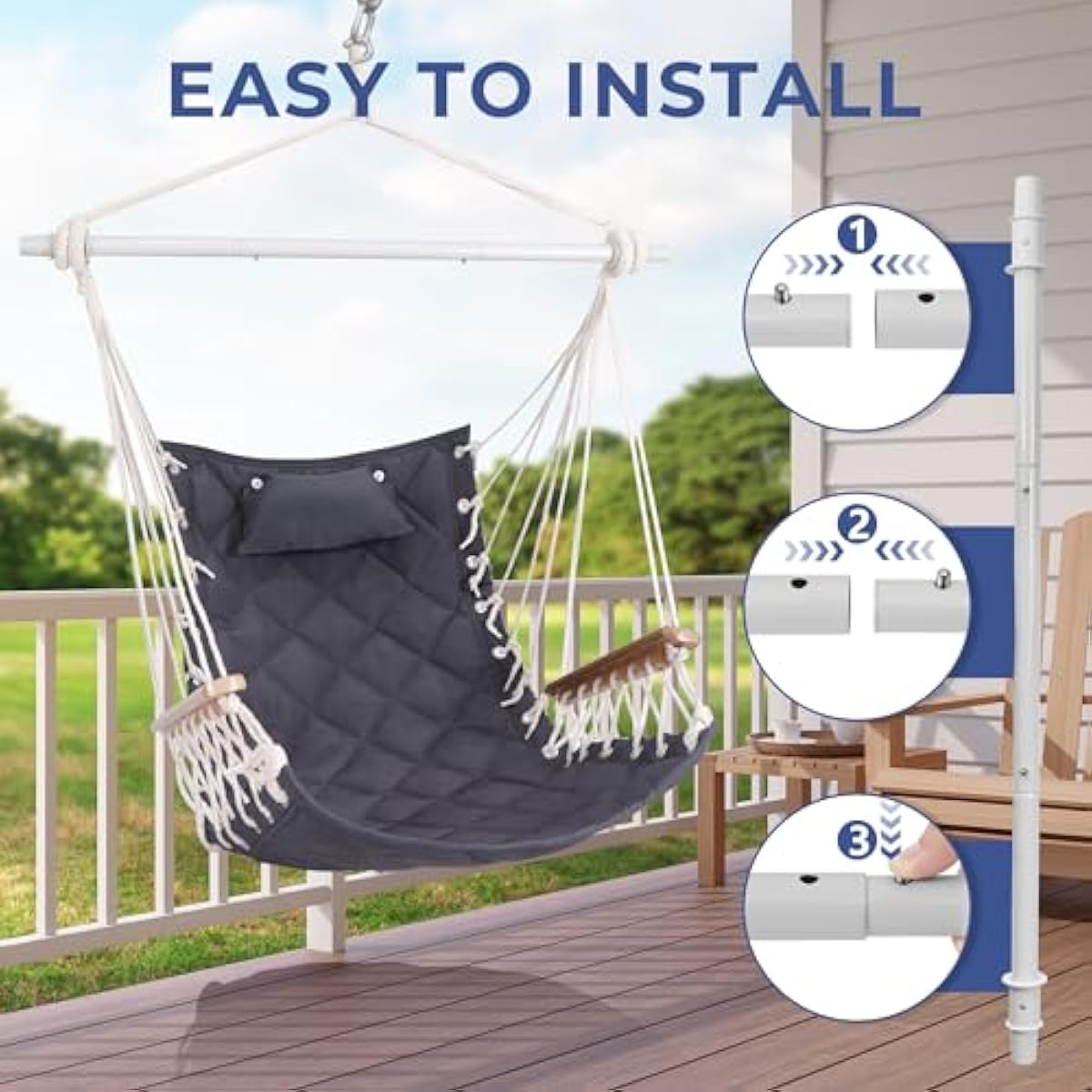 Hammock Chair Hanging Swing with Wooden Armrest;Steel Spreader Bar,Pillows,Hardware kit Included;Cotton Woven Fabric;Up to 350 Lbs,for Indoor or Outdoor