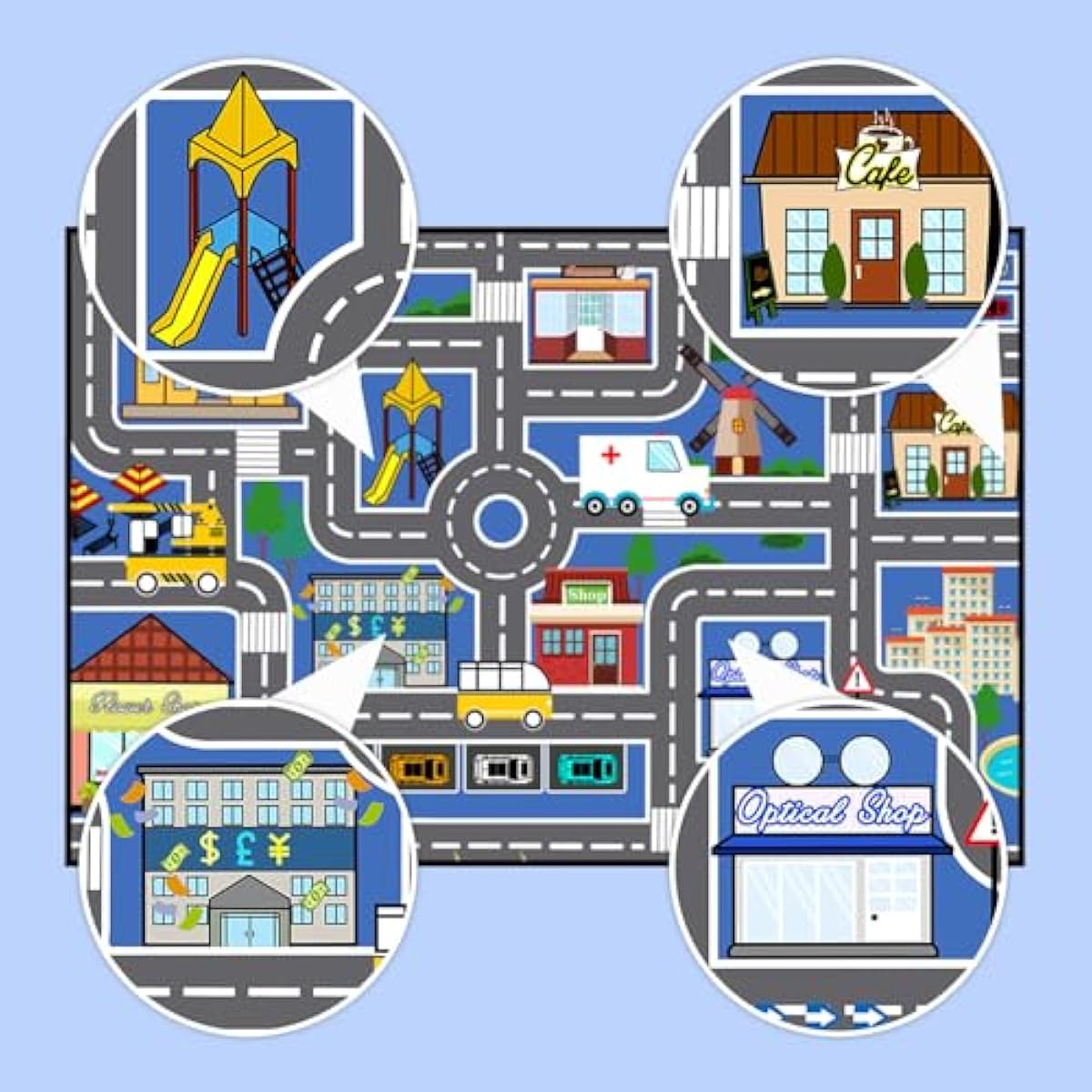 5x7 ft Kids Car Rug - Large Blue Traffic Road Play Mat for Cars, Educational City Play Carpet for Playroom, Nursery & Bedroom Decor