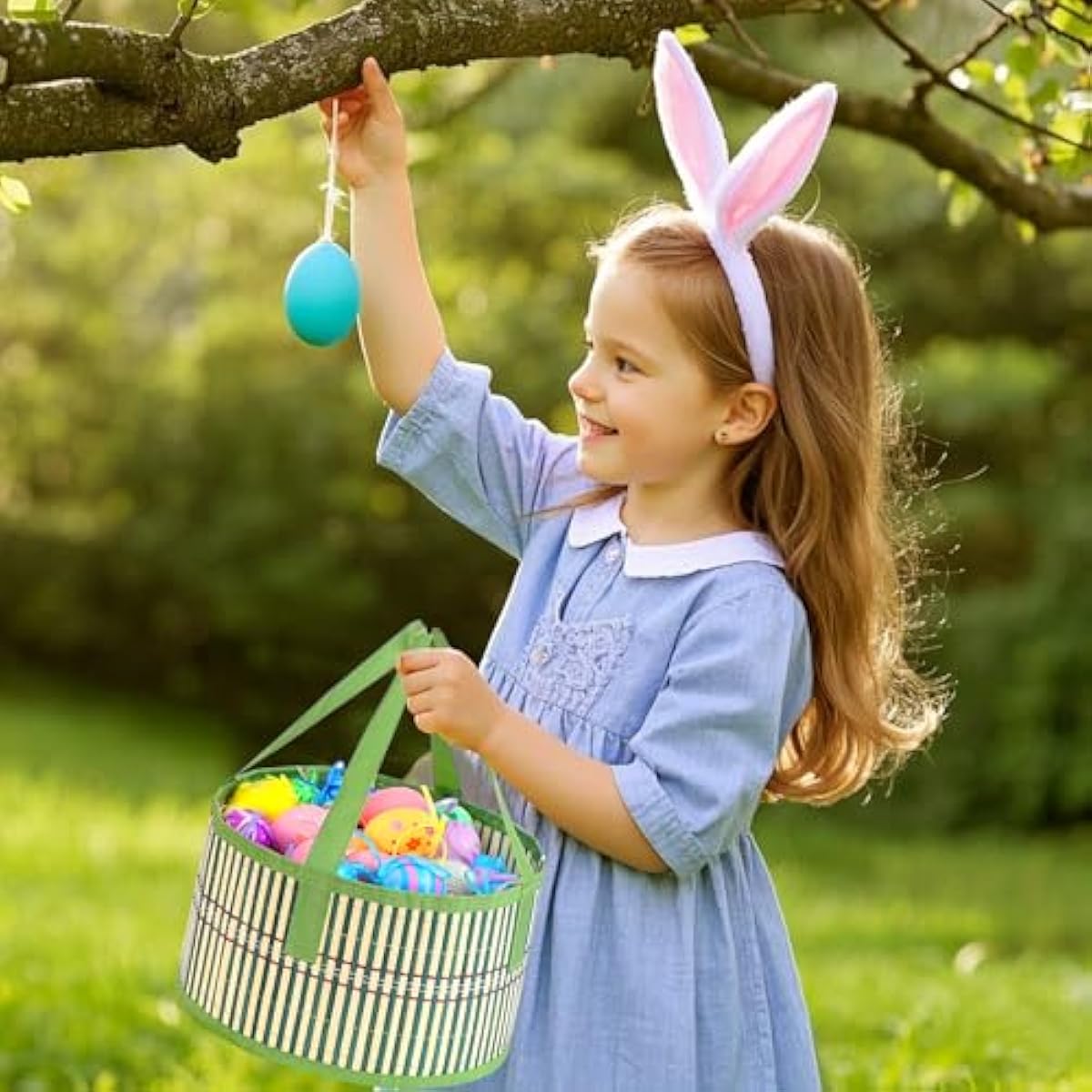 Foldable Easter Woven Bamboo Baskets Empty, 4 Pcs Easter Basket Bulk Set with Handle, Large Easter Baskets for Easter Egg Hunt Party Favor Picnic Supplies Gift Packing - Red Yellow Green Blue